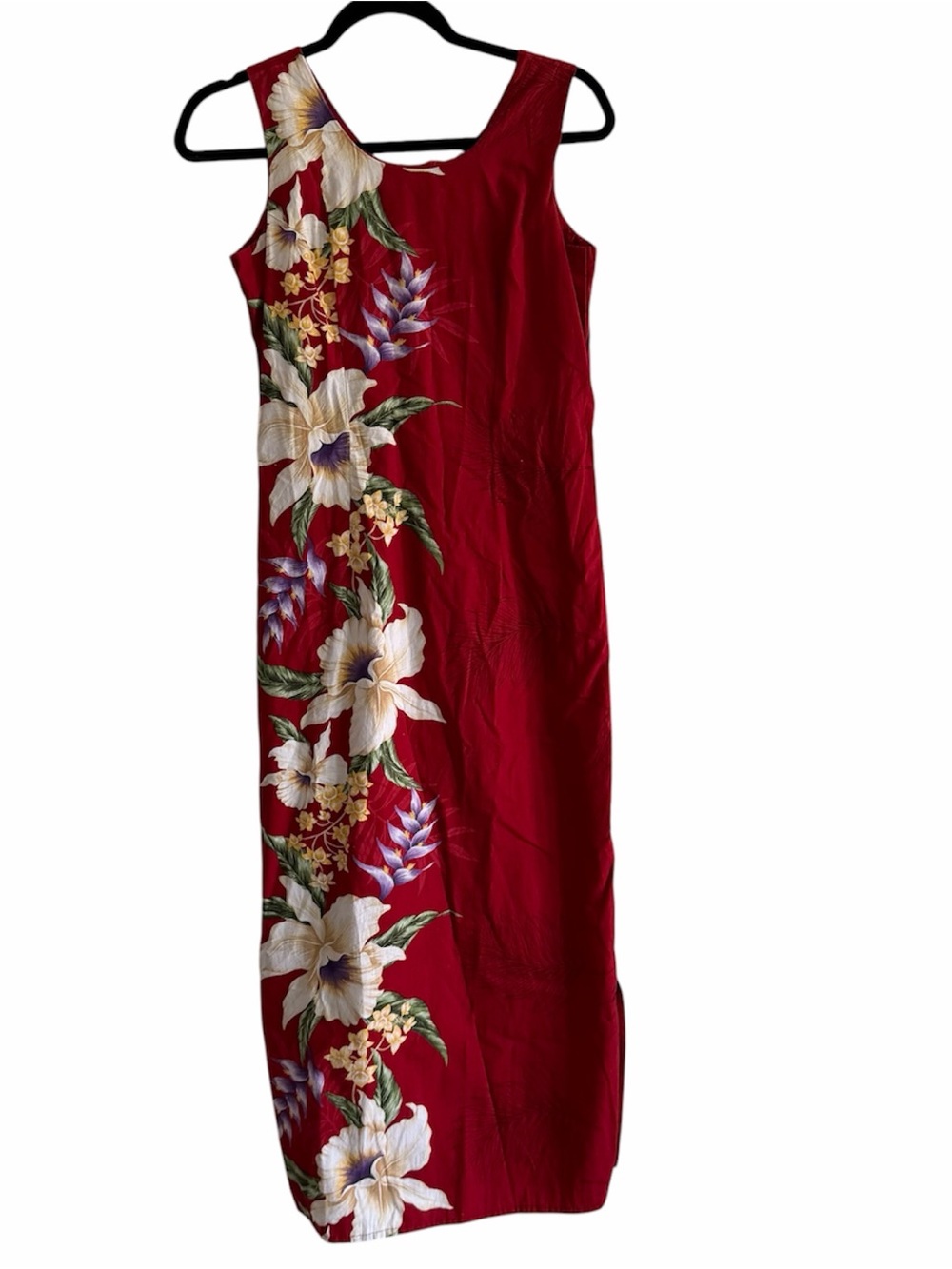KY’S Made In Hawaii Red Tropical Floral Cotton Maxi Dress Medium Resort